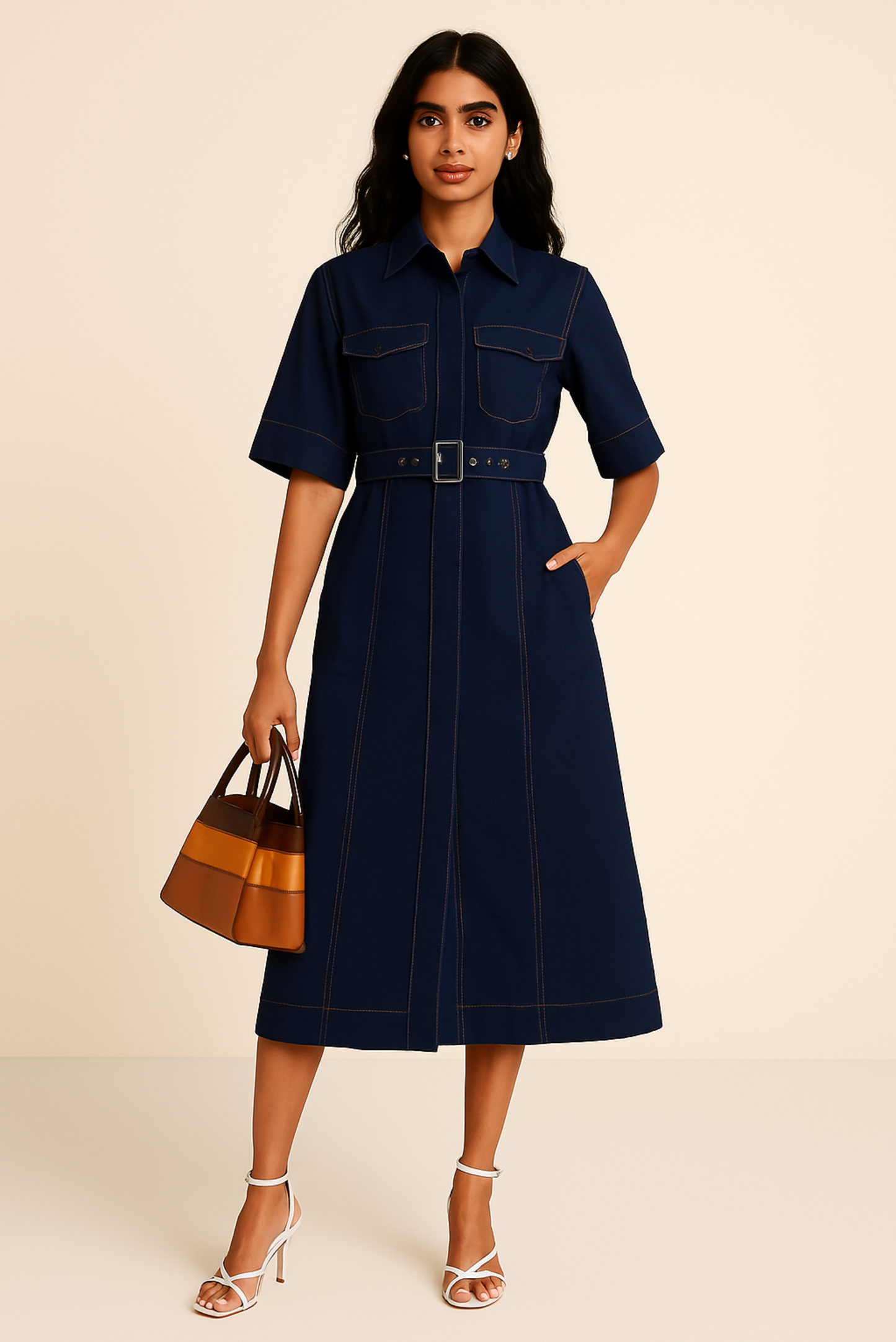 NAVY SHIRT DRESS WITH BELT