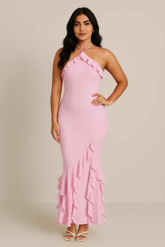 Ruffle-Trim Halterneck Gown in Soft Pink