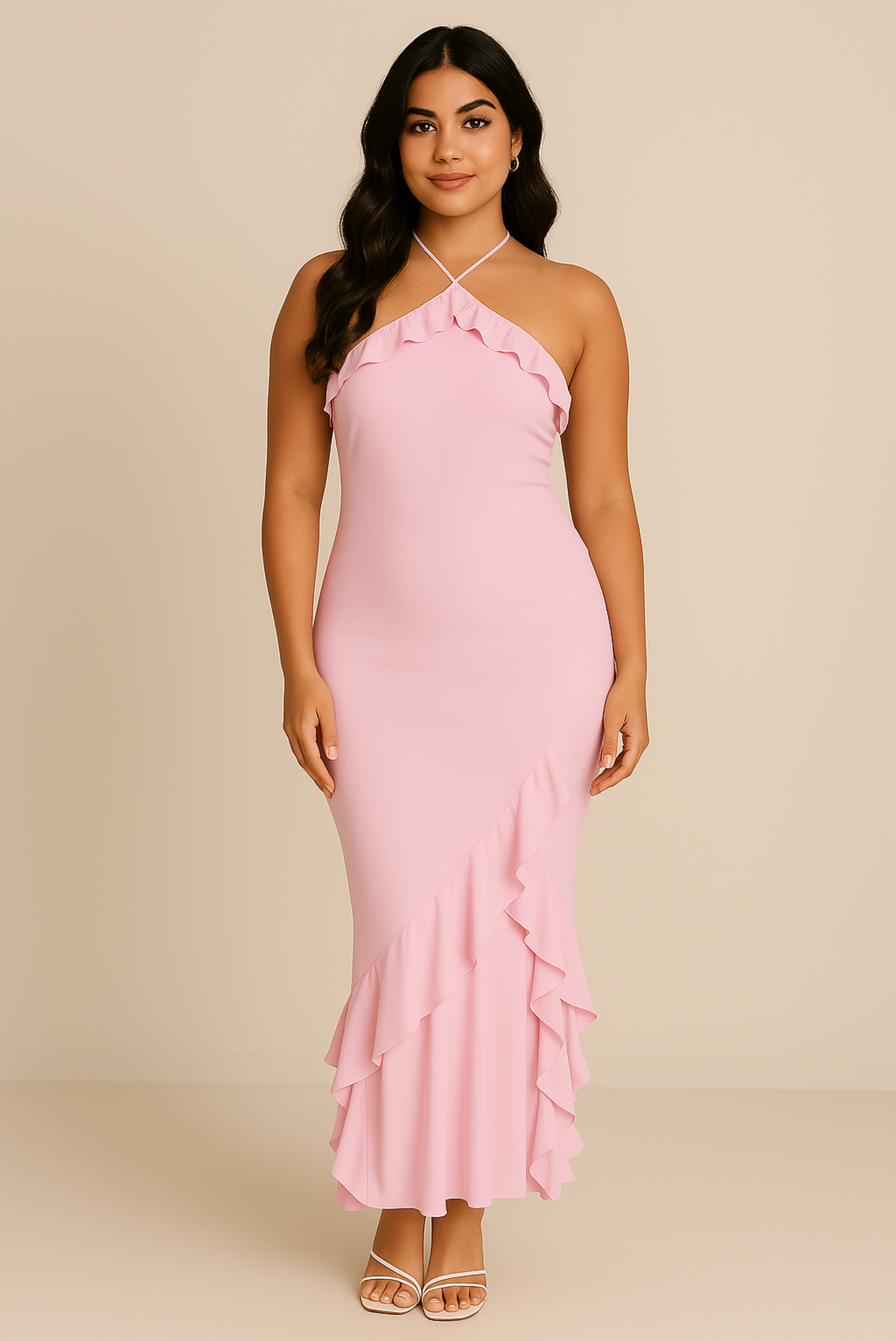 Ruffle-Trim Halterneck Gown in Soft Pink