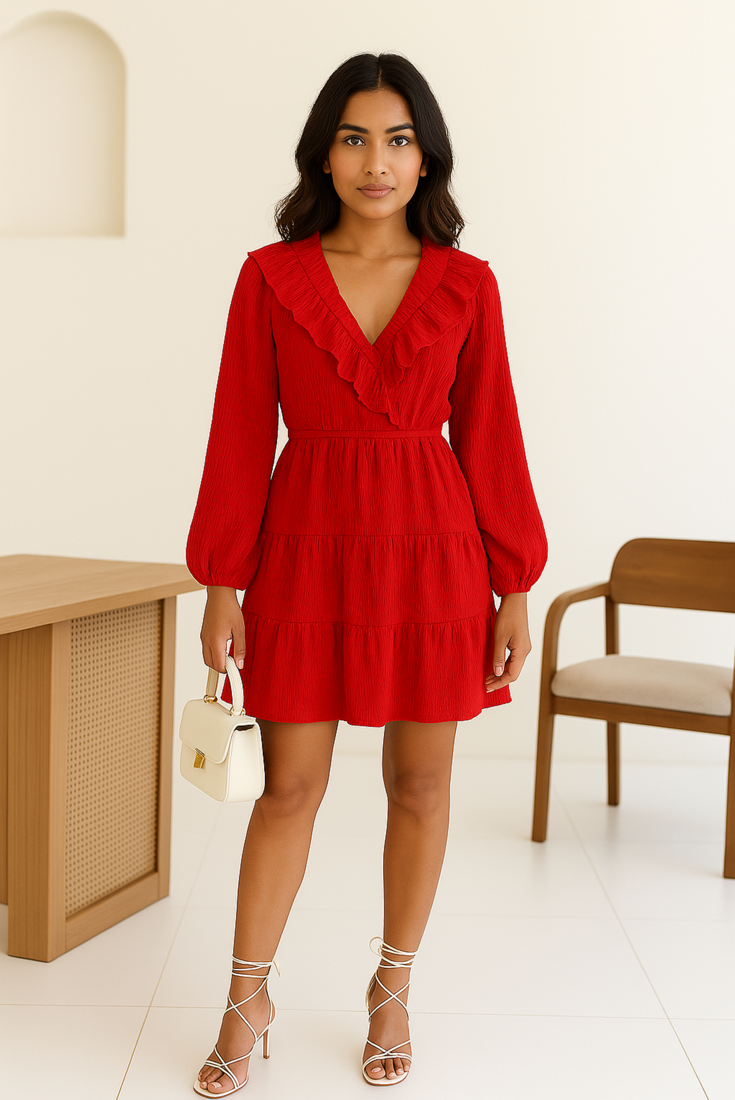 RED SHORT RUFFLE DRESS