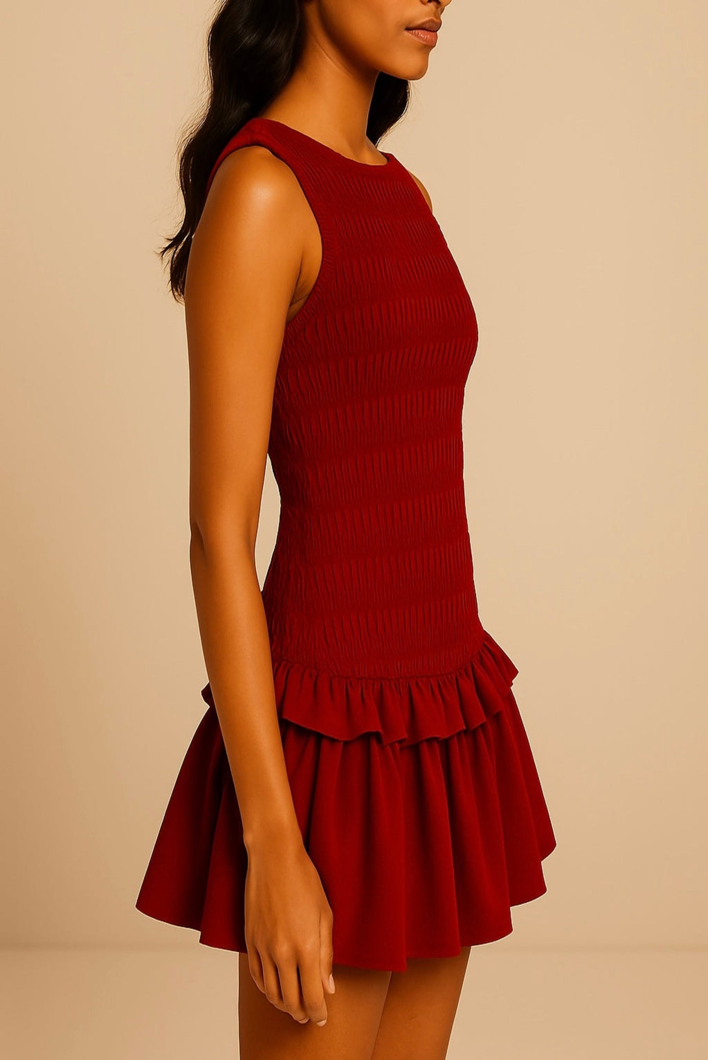RED SMOCKED MINI DRESS