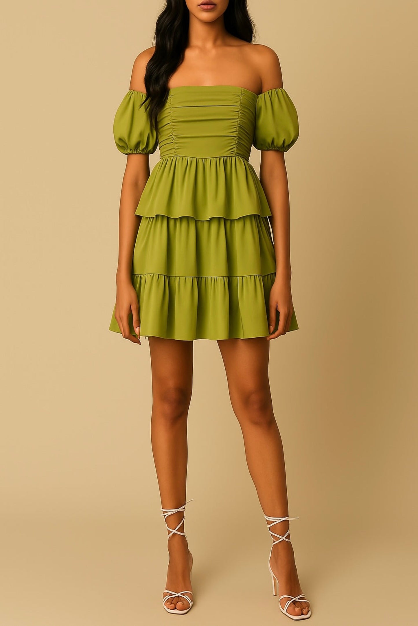 Lime Green Off-Shoulder Tiered Mini Dress with Puff Sleeves