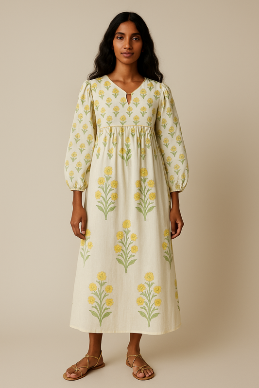 HAND-BLOCKED ORGANIC COTTON MAXI DRESS WITH POCKETS