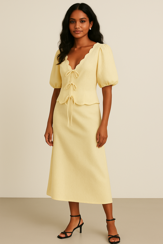 Butter Yellow Puff Sleeve Top and Skirt Co-Ord Set with Scallop Detail