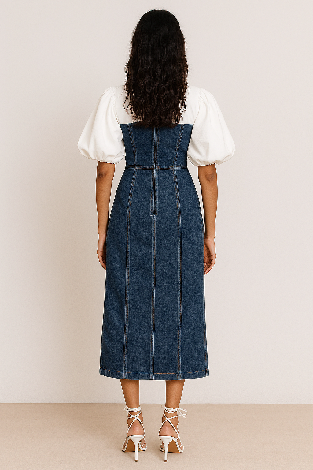 Denim Corset Midi Dress with Puff Sleeves and Contrast Bodice