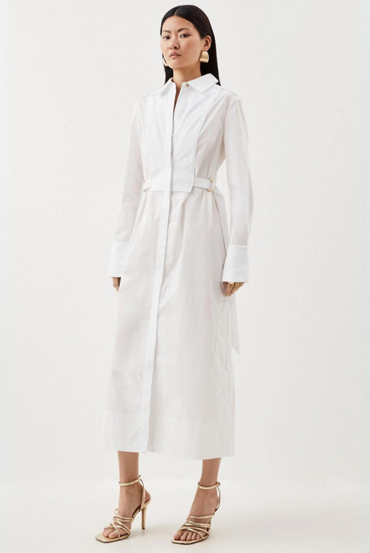 WHITE POPLIN SHIRT DRESS WITH SIDE SLITS