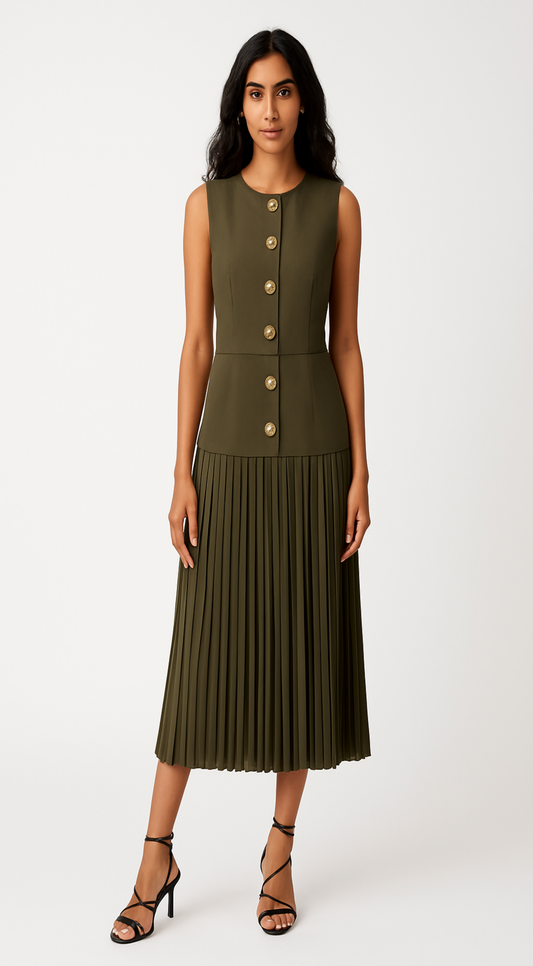 OLIVE GREEN SLEEVELESS MIDI DRESS