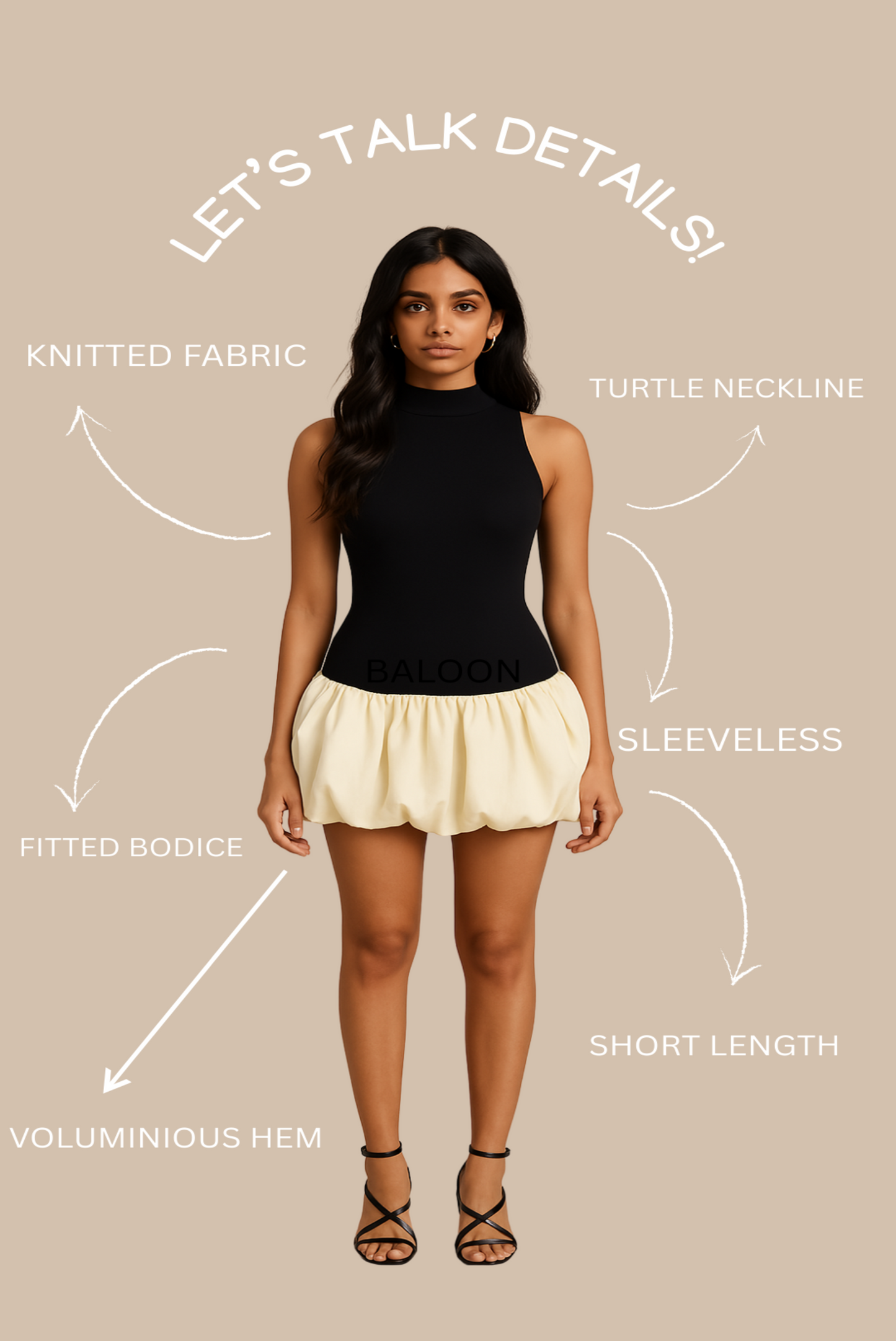 Turtleneck Drop-Waist Bubble Hem Mini Dress in Black