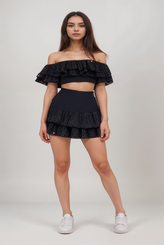 BLACK SCHIFILLI SKIRT AND TOP CO-ORD SET