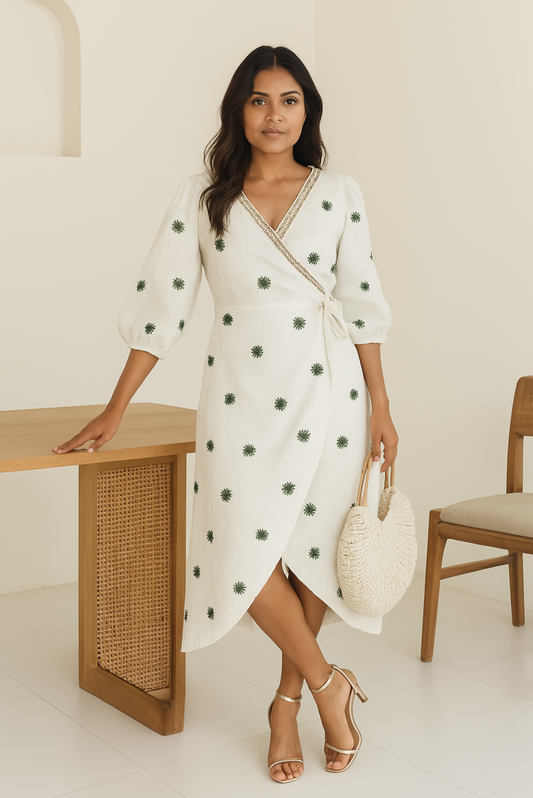 WHITE EMBROIDERED WRAP DRESS
